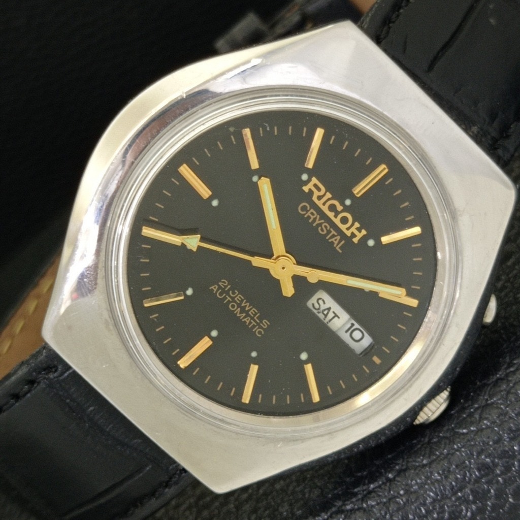 Vintage 1990 Ricoh Automatic Mens Silver Watch WDaydate  Gold Accents